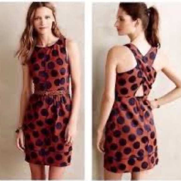Anthropologie Dresses & Skirts - Anthropologie Maeve Blue/Rust X Back Cut-Out Polka Dot Dress Size 6